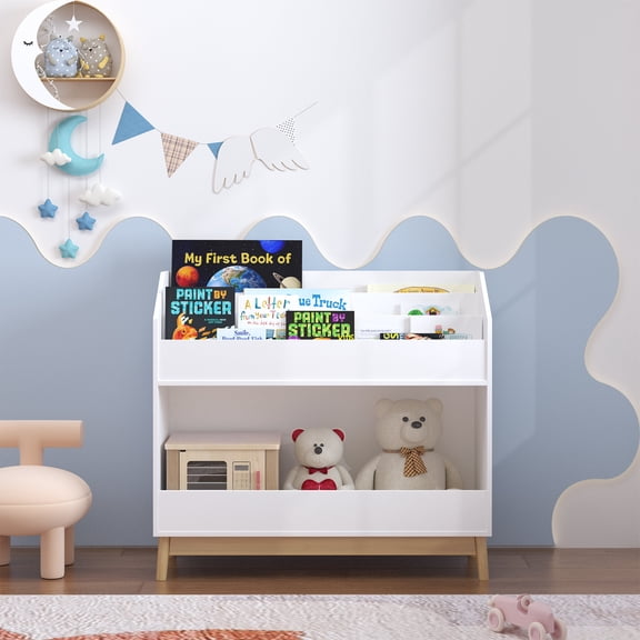 Kids Furniture Toddler Book Display Shelf with Storage, Wooden Kids Bookcase Organizer for Bedroom or Playroom, White,Baby Nursery Furniture