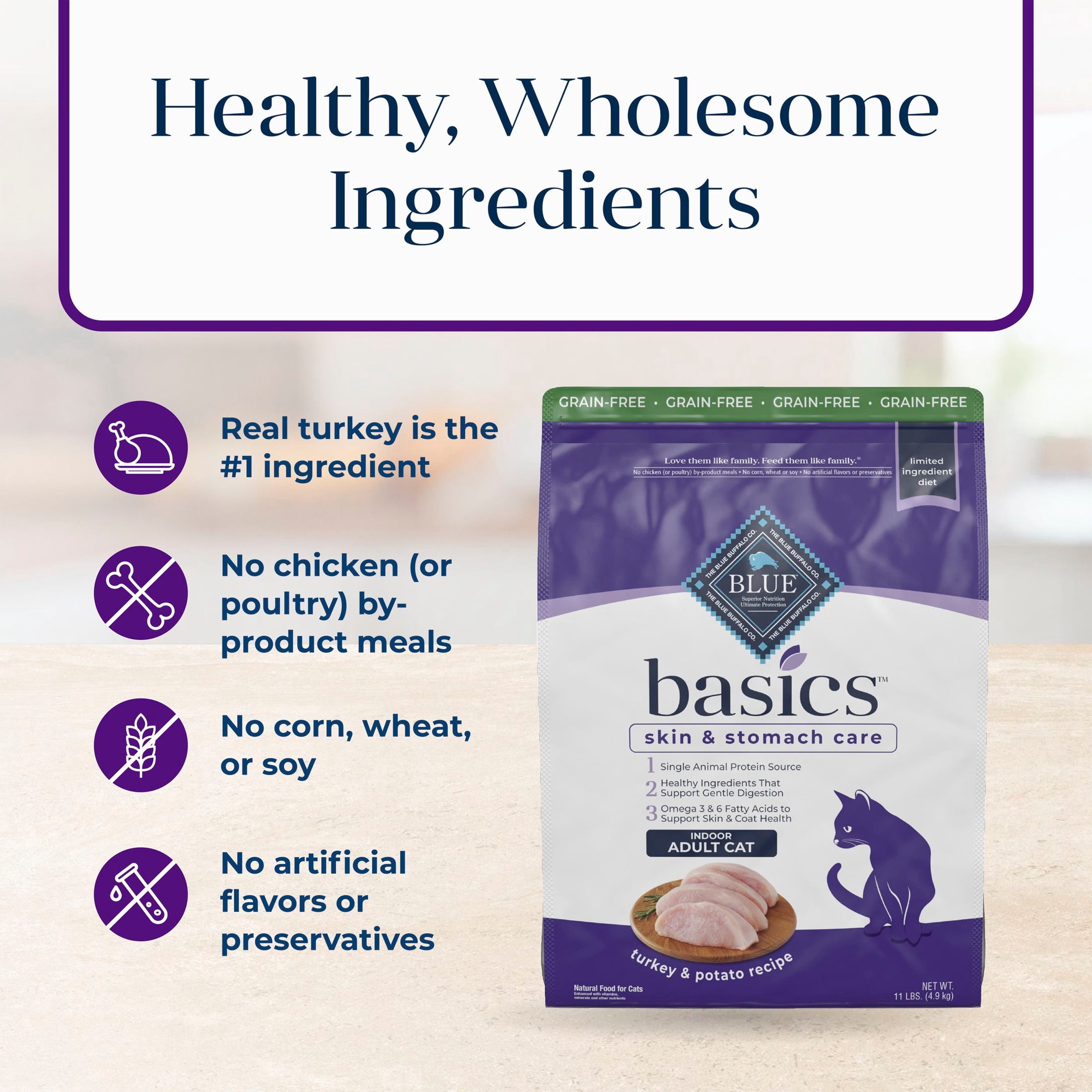 Blue Buffalo Basics Dry Cat Food Skin & Stomach, Turkey & Potato, Chicken Free, 11lb Bag
