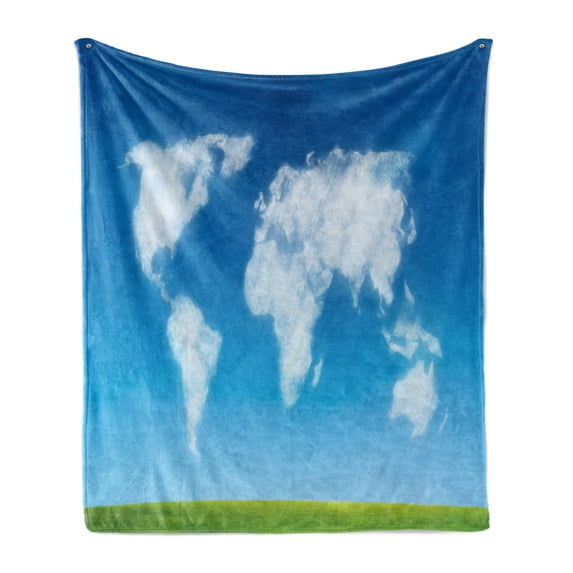 World Map Soft Flannel Fleece Throw Blanket, Graphic Design of Shaped Clouds in the Sky with Colors Nature Art Print, Cozy Plush for Indoor and Outdoor Use, 60" x 80", Blue Green White, by Ambesonne