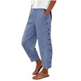 thumbnail image 2 of JOANKDMI Cropped Pants for Women Striped Casual Summer Capris High Elastic Waist Loose Fit Wide Leg Flowy Trousers with Side Buttons Pockets Vacation Essential, 2 of 5