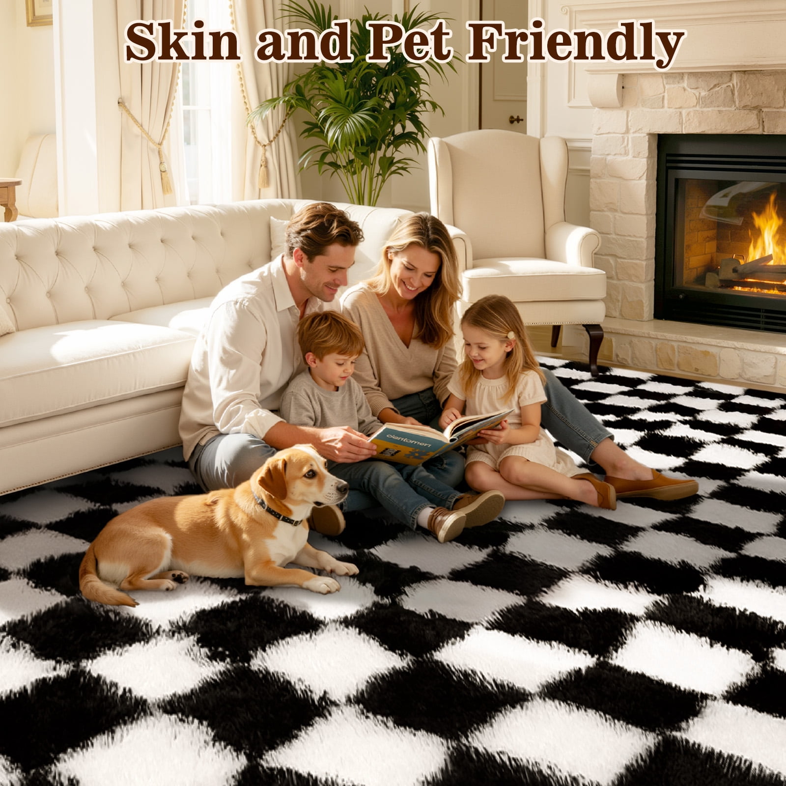 ZRSDIXK 8'x10' Area Rugs for Living Room, Large Shag Fluffy Rug Checkered Carpet, Black & White