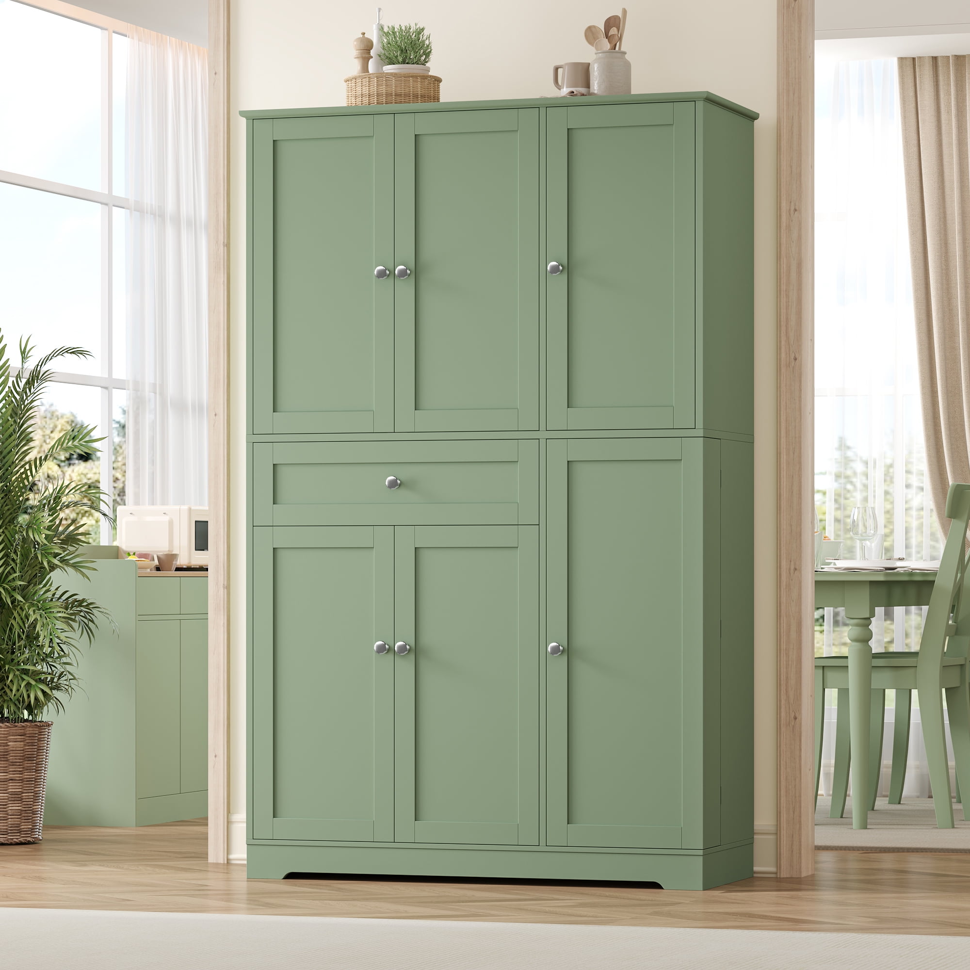 Homfa Kitchen Pantry Storage Cabinet, 68" Food Pantry Cabinet with Drawer and Door Shelf, 6 Door Freestanding Cupboard Buffet for Dining Room, Green