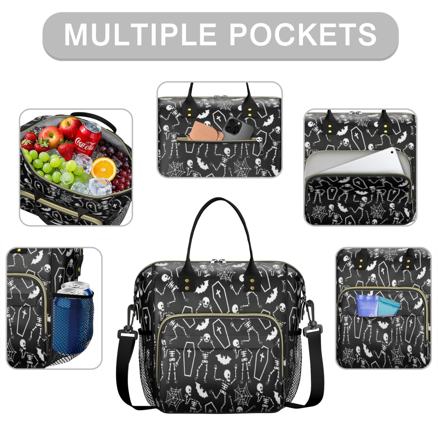 Halloween Skeleton Coffin Pattern Womens Lunch Box for Work,Insulated Large Lunch Bag for Tween and Teen,Loncheras Para Mujer,Leakproof Adult Lunch Bag for Work,Beach,Travel,Picnic,Camping