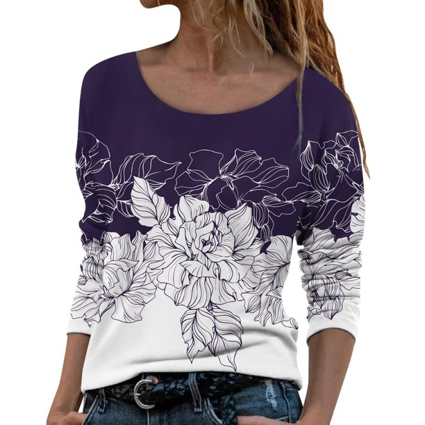 Blusa de manga larga con cuello redondo y estampado de flores florales para mujer Pompotops FGAJ6779