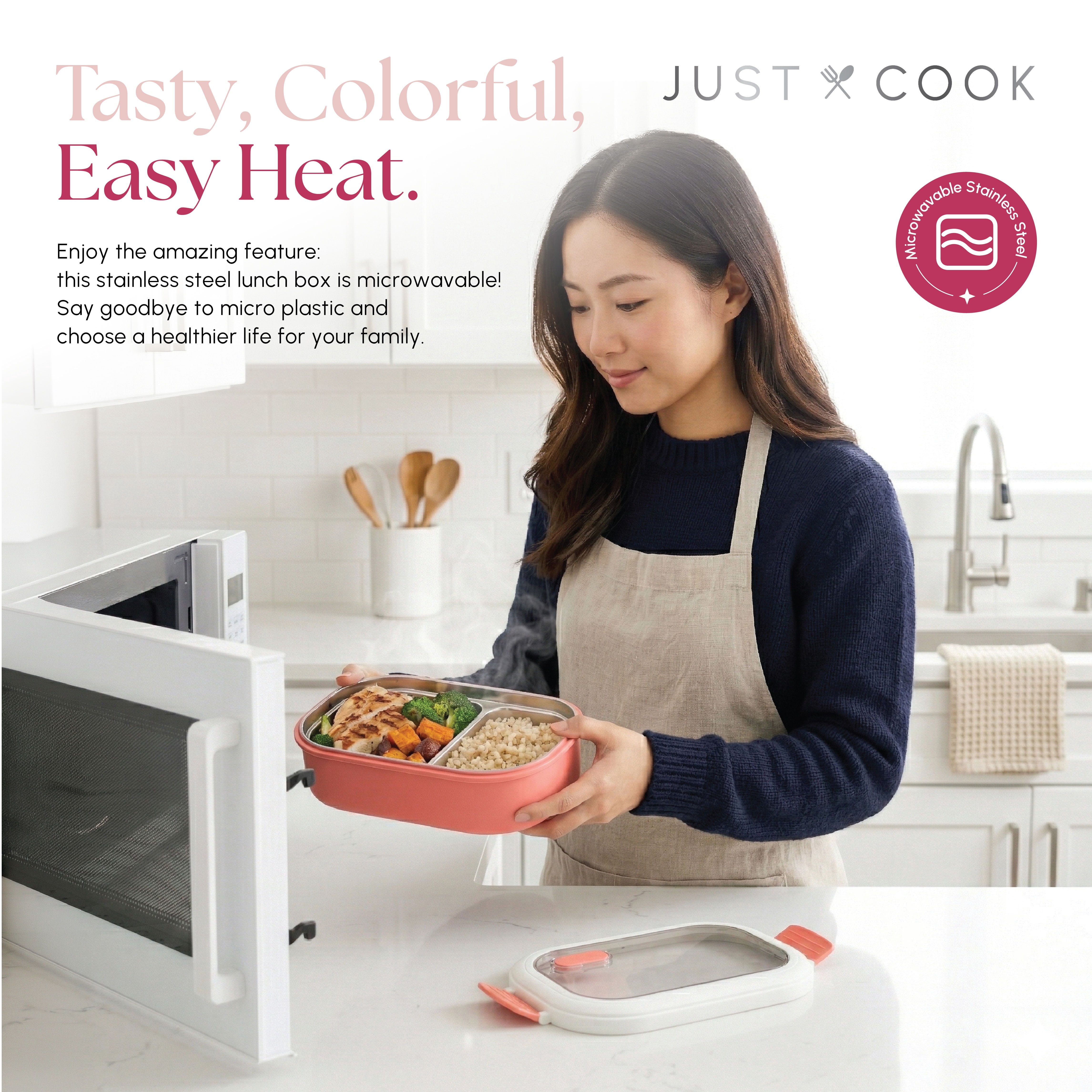 Just Cook Pink 1000 ml Stainless Steel Bento Box with Locktop Lid - Microwave Safe