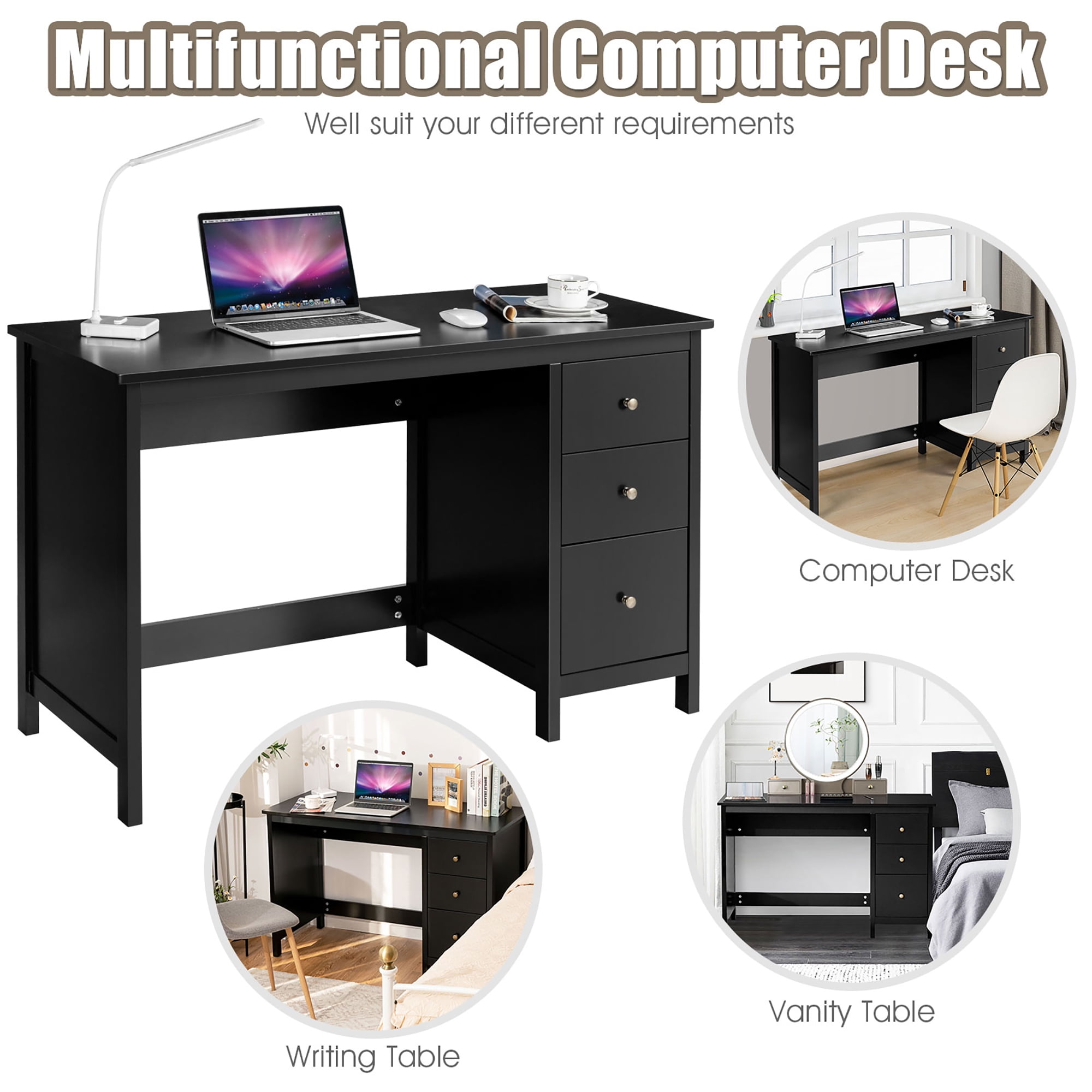 Costway Computer Desk Study Writing Desk Home Office Workstation with 3 Drawers Black
