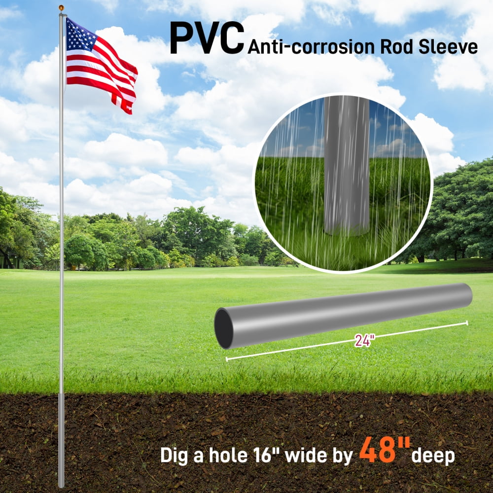 IVV 30FT Sectional Flag Pole Kit, Extra Thick Heavy Duty Aluminum Flagpoles for Outside House Inground with 3'x5' American Flag and Golden Ball Topper for Residential or Commercial Use, Silver