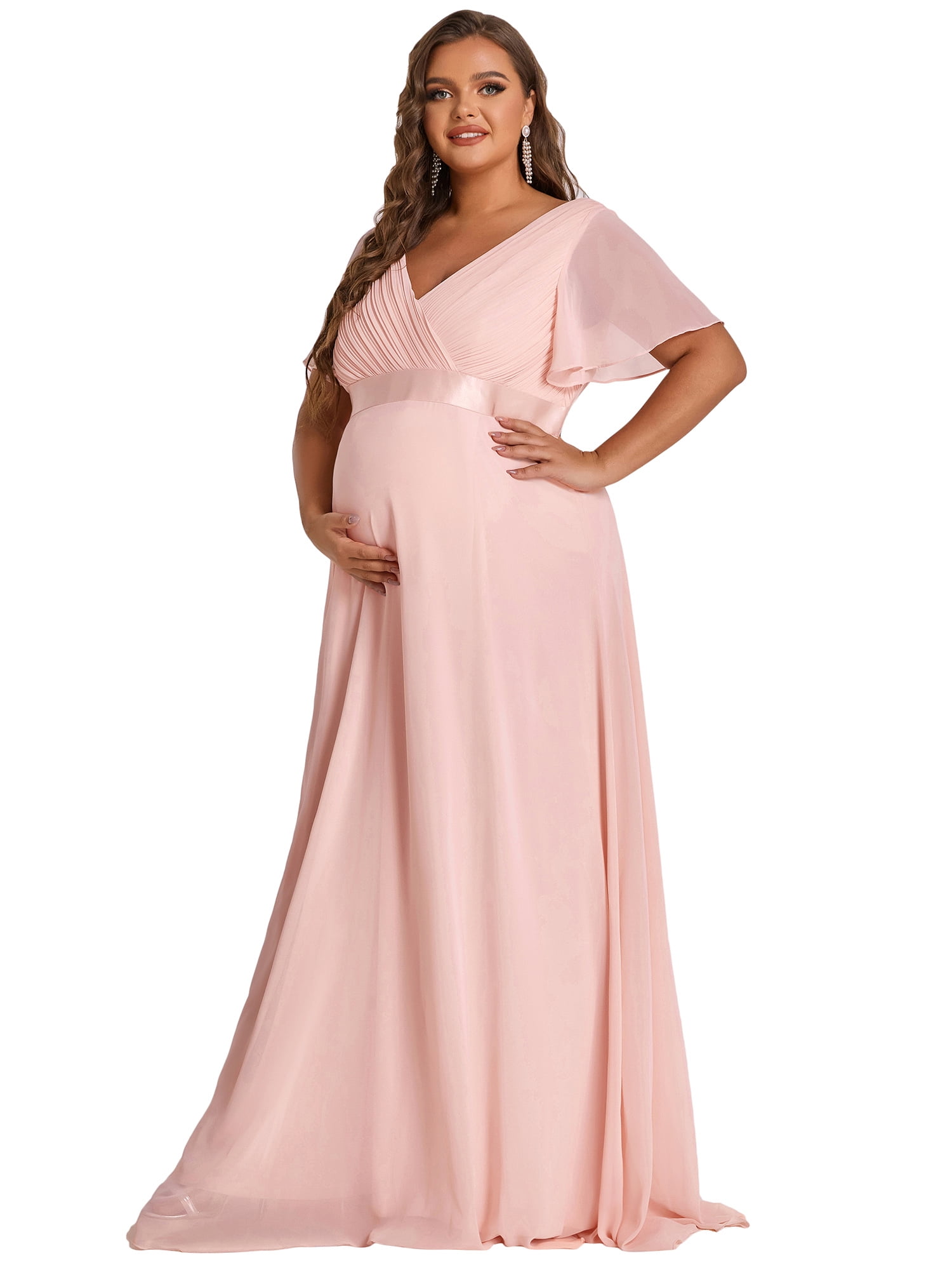 line Ruffle Sleeve Long Maternity Dress 