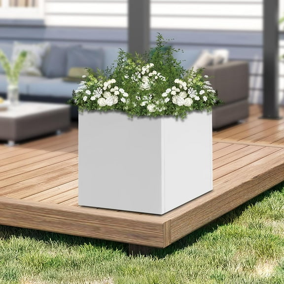 24" x 24" x 24" Modern Steel Planter Metal Box, Commercial Square Indoor Outdoor Planters, Heavy Duty Flower Pot, Residential Cube Planter Box for Trees Patio Deck Yard Garde (White, 24*24*24in)