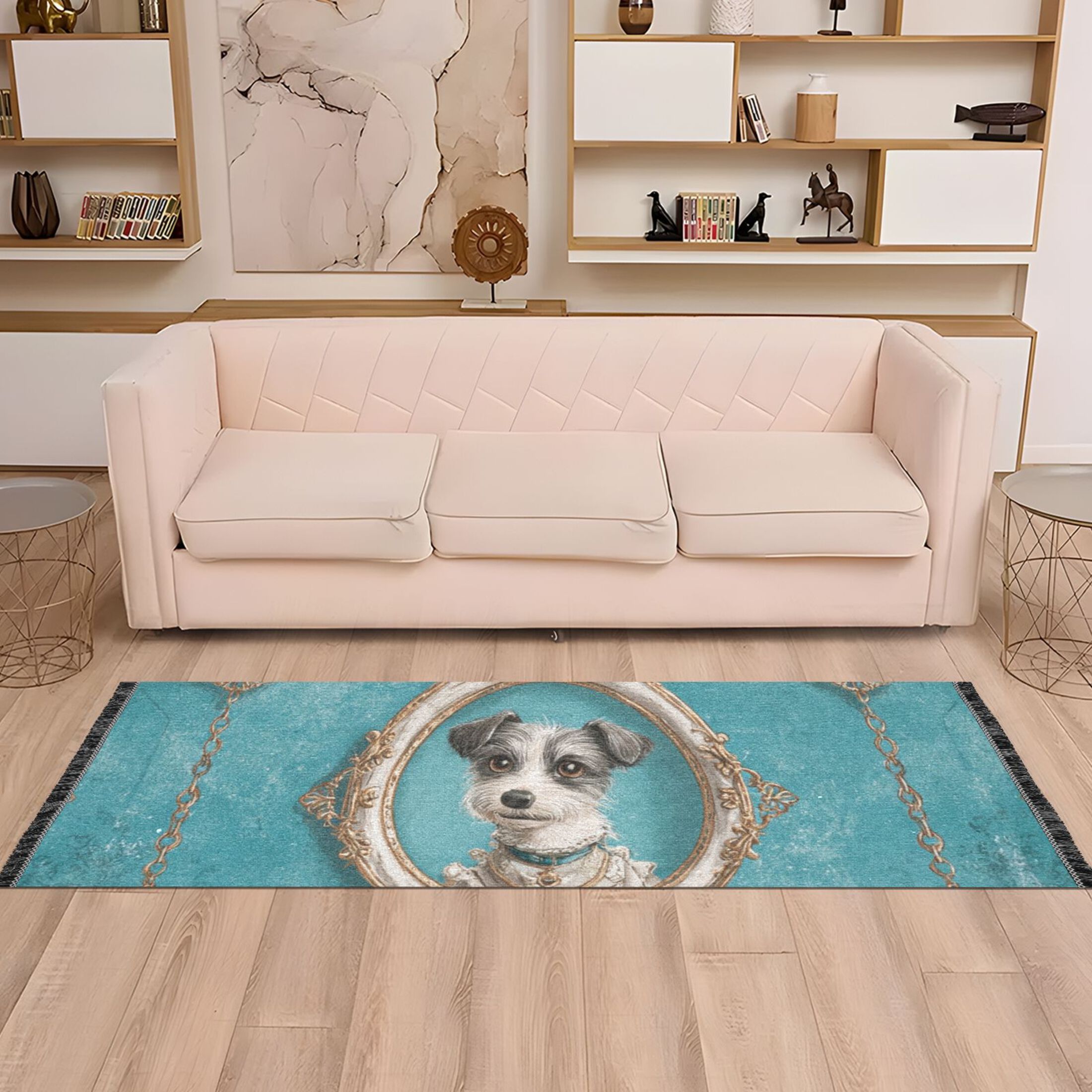 Bedroom Hallway Indoor Outdoor Mat With Rubber Backing Runner Rug Long Portrait Frames and Gold Chains