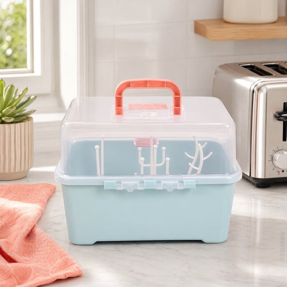 Portable Baby Bottle Drying Rack Storage Box with Dust Cover, High Capacity Infant Dinnerware Organizer for Countertop, Olive Green