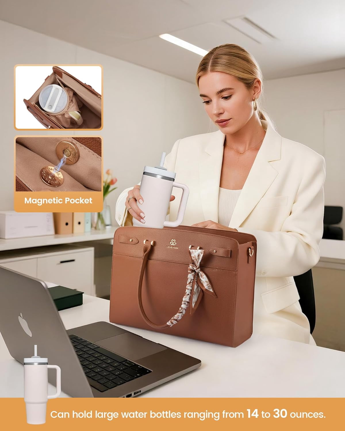 LOVEVOOK Laptop Tote Bag for Women, PU Leather Work Bag Waterproof Briefcase Handbag for Teacher Business with Silk Scarf
