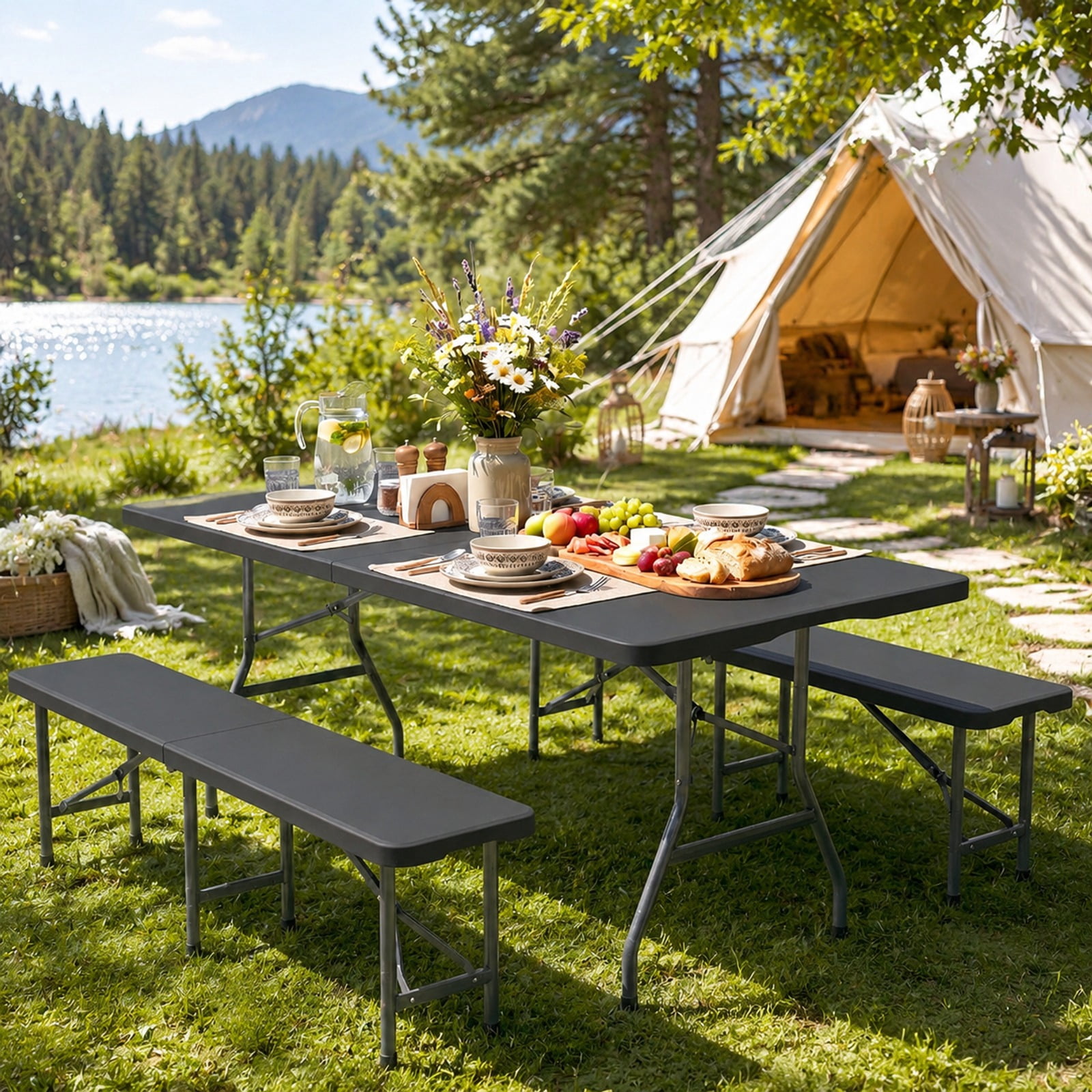 Biotree 6 FT Fold-in-Half Folding Table, Portable HDPE Camping Dining Table with Handle, Locking Legs and 220 lbs Capacity for Party, Black