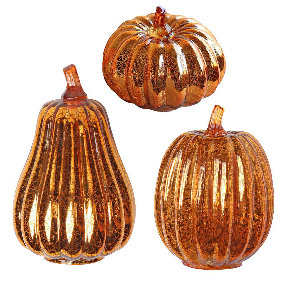 Glass LED Silver Pumpkin Halloween Thanksgiving Holiday Decoration With Timer 