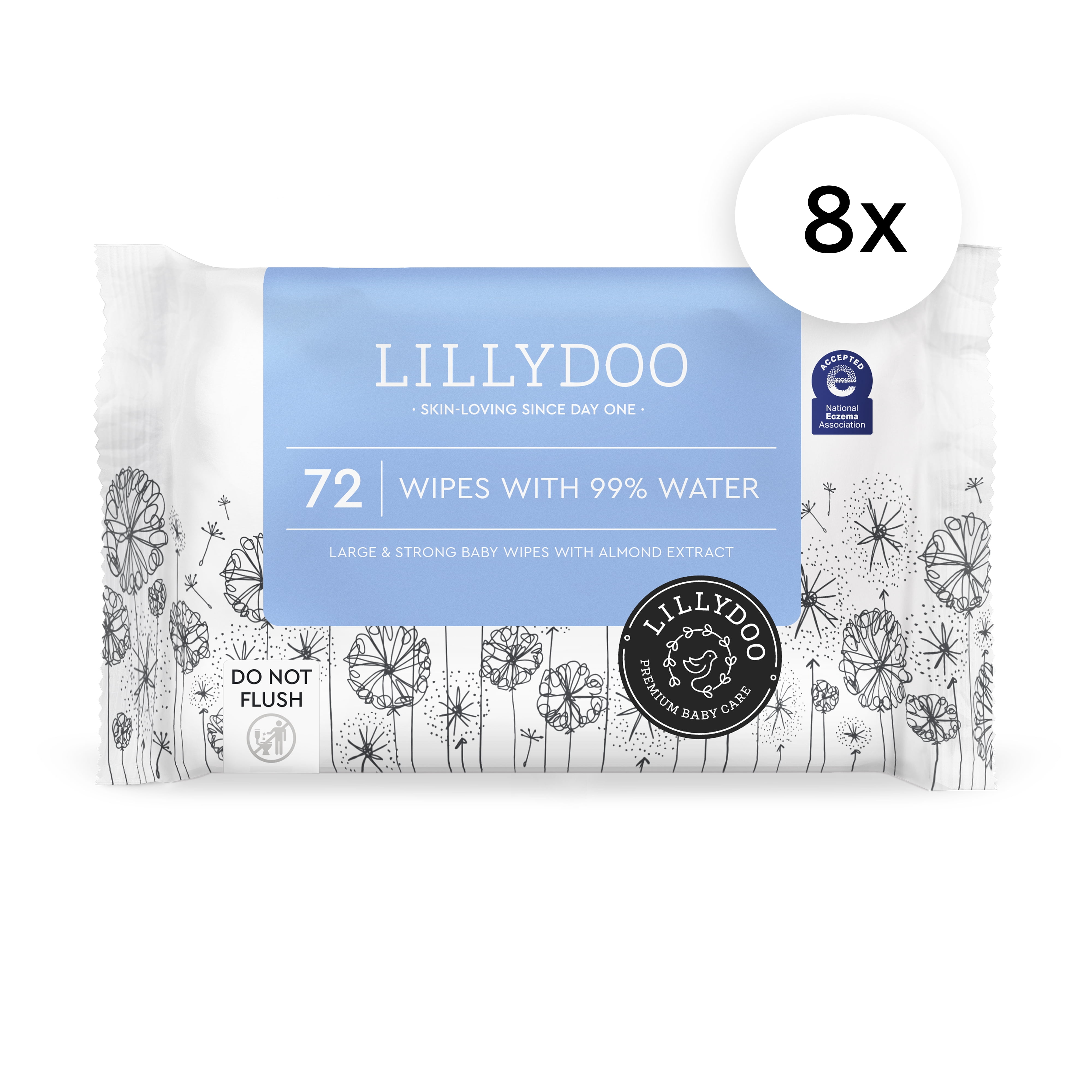 LILLYDOO Baby Wipes 99% Water, Sensitive, Unscented & Plastic-Free, 8 Packs (576 Wipes)