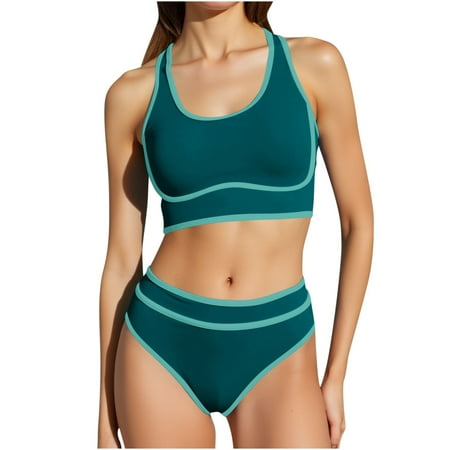 Oplxuo Women s High Waisted Bikini Sets Sporty Two Piece Swimsuits Color Block Cheeky High Cut Bathing Suits