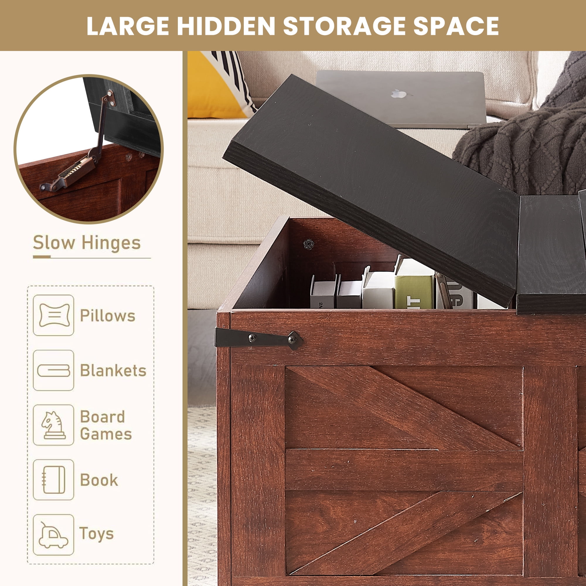 Aukfa Coffee Table, Wood Center Table Cocktail Table with Hidden Storage for Living Room, Brown