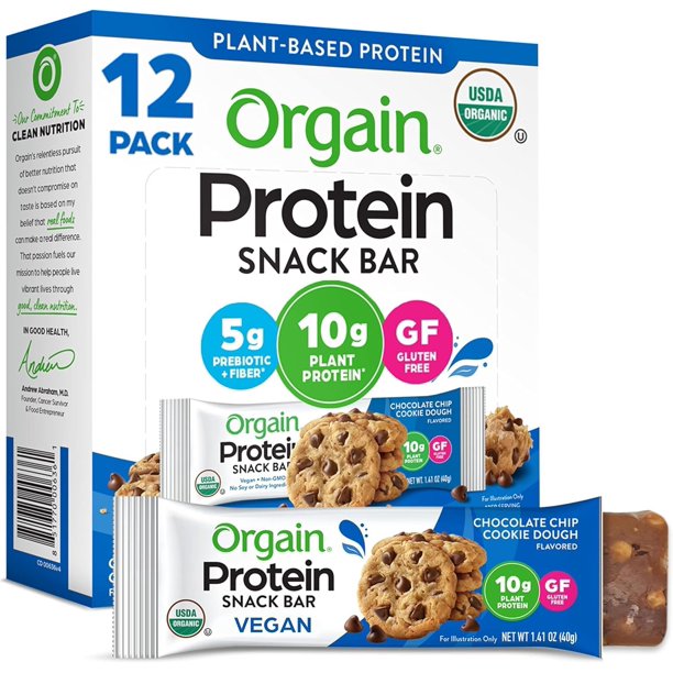 Organic Vegan Protein Bars, Chocolate Chip Cookie Dough - 10g Plant Based Protein, Low Calorie Healthy Snacks, No Lactose or Soy Ingredients, Gluten Free, Non-GMO - 1.41 Oz (Pack of 12)
