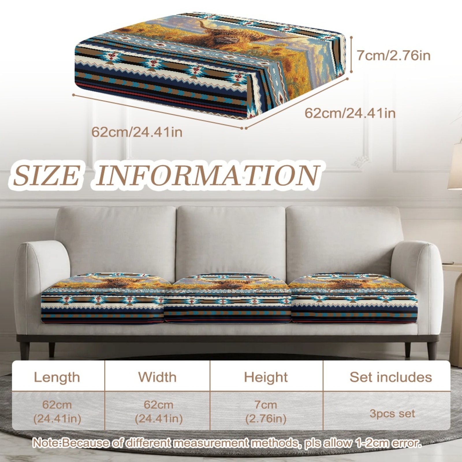 Xoenoiee Aztec Highland Cattle Sunflower Print 3 Pieces Couch Sofa Cushion Slipcover Elastic Chair RV Seat Covers Loveseat Sofa Furniture Protector Slip Cover for Living Room