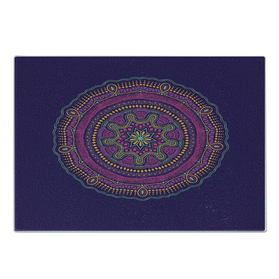 Yoga Cutting Board, Ornament Mandala Round on Purple Background Bohemian Hippie Motif, Decorative Tempered Glass Cutting and Serving Board, Small Size, Multicolor, by Ambesonne