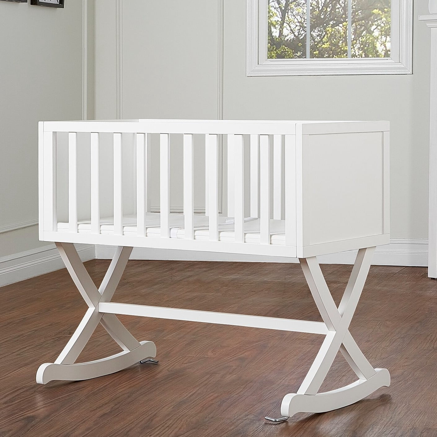 Solid Wood Rocking Baby Glider Cradle with Crib Mattress in White