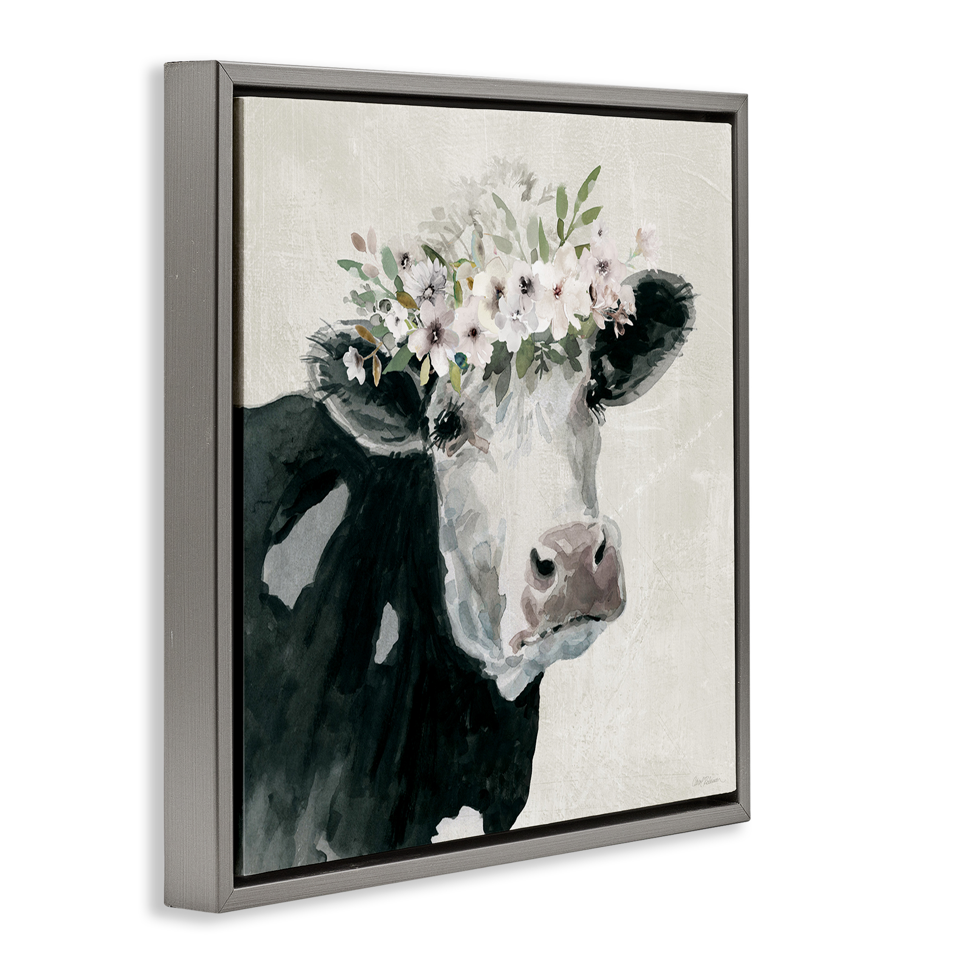 Stupell Industries Gazing Cow with Florals Animals & Insects Painting Gray Floater Framed Canvas Art Print Wall Art, 18 x 18