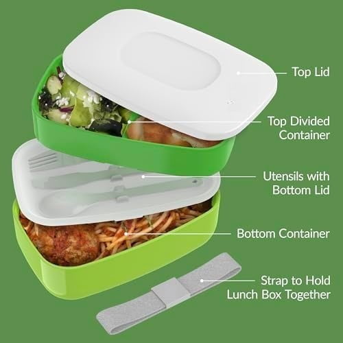Classic - Adult Bento Box, Stackable 3-Compartment Lunch Box with Removable Utensil Set and Sealing Strap, BPA-Free, Food Container Ideal for Meal Prep, Work, and On the Go (Green)