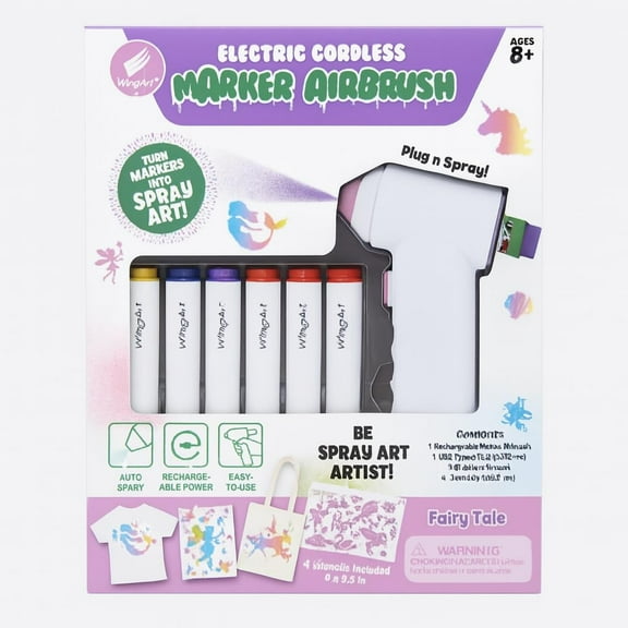 LIVEVIE Electric Cordless Marker Airbrush Kit, Mermaid, Includes 1 Airbrush, 6 Jumbo Markers, 4 Plastic Stencils, USB Cable & Instruction Sheet, Kids Arts & Crafts Drawing Tool, Safe & Easy to Use