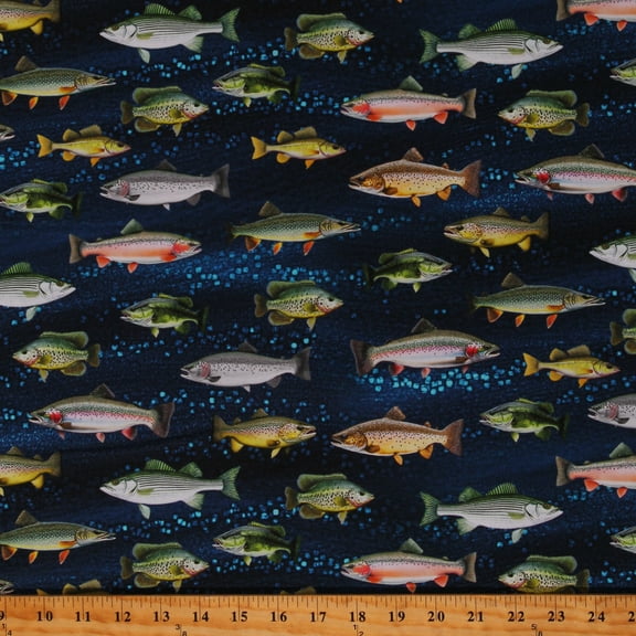 Cotton Fishes Aquatic Animals Creatures Species of Fish Blue Cotton Fabric Print by the Yard (GM-CD26470)