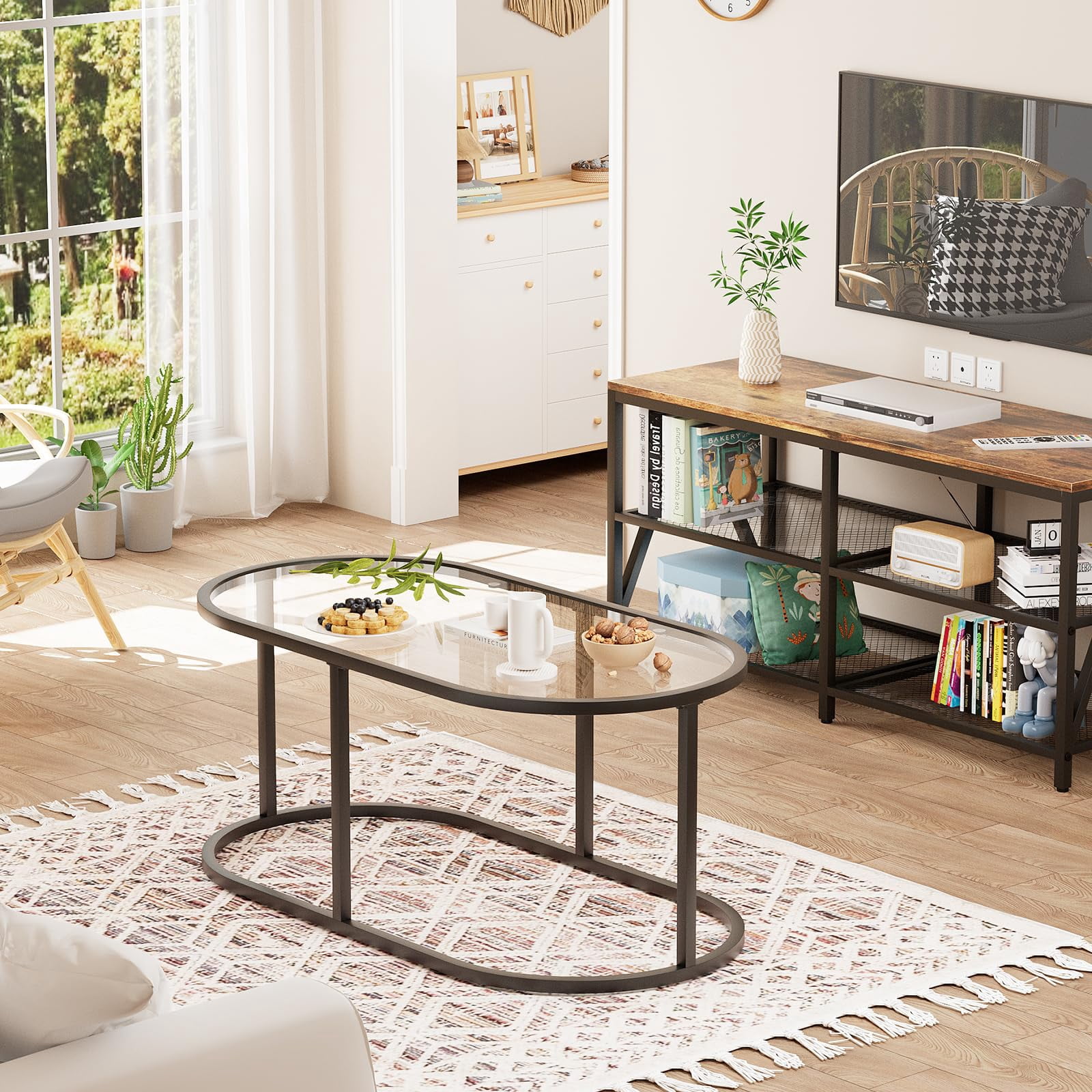 Coffee Table Black Glass Coffee Tables for Living Room, Oval Table Center Table with Sturdy Metal Frame,Modern Tempered Glass Accent Tables for Bedroom Home Office