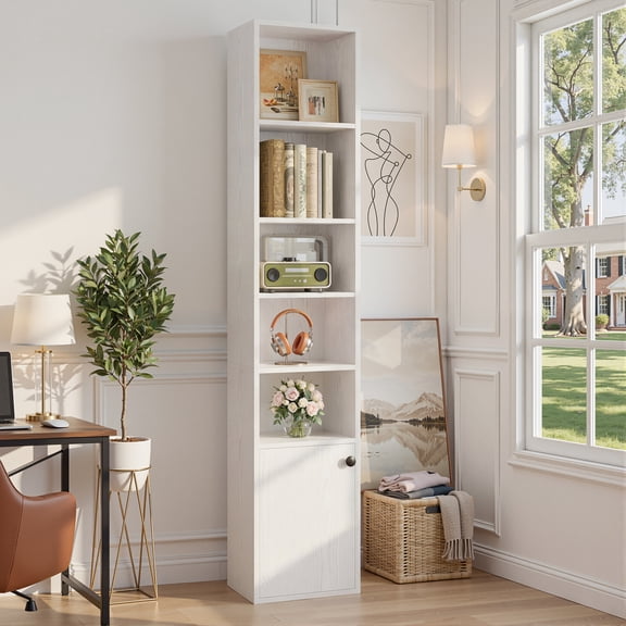 IRONCK 71" Tall Narrow Bookcase with Adjustable Shelves, 5 Tier Cube Bookshelf with 1 Door Storage Cabinet, White