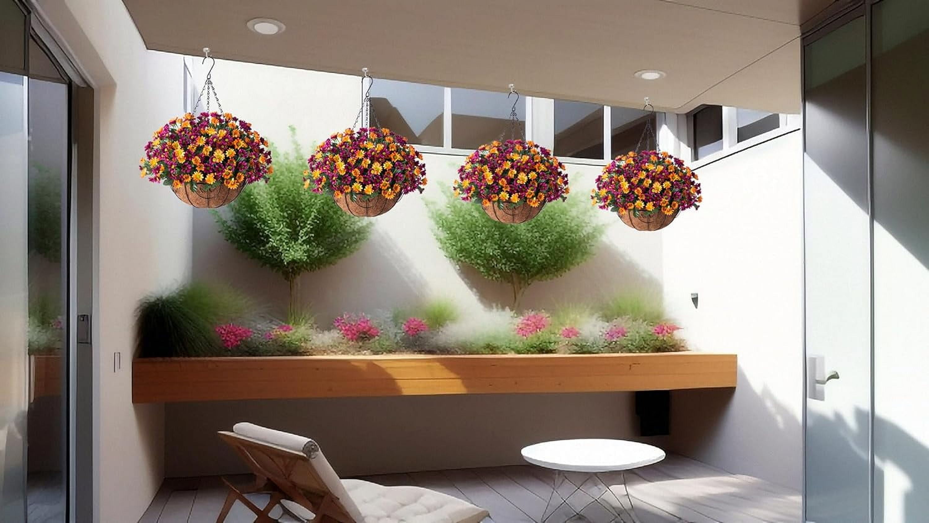 Artificial Hanging Flowers in Basket Patio Garden Porch Deck Spring Summer Decor, Faux Chrysanthemum Arrangement Fake Plants ines Coconut Lining Basket of Outdoor/Indoor Decor