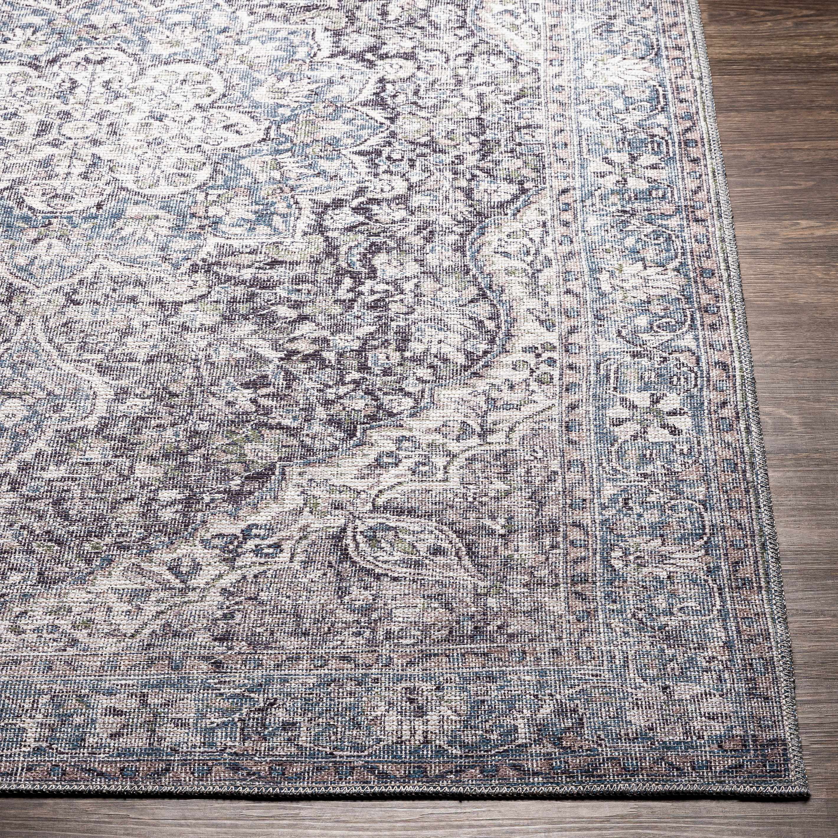Hauteloom Tavas Machine Washable Area Rug - Oriental Traditional Medallion - Bohemian Vintage Distressed Carpet - Grey, Blue - 9'3" x 12'