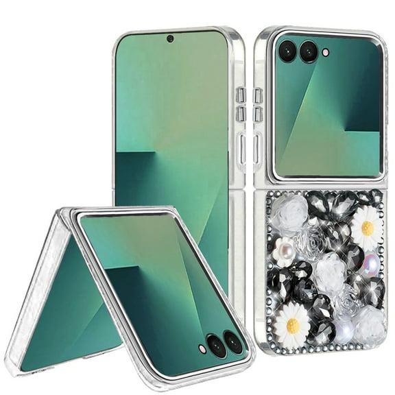 For Samsung Z Flip 7 Spectacular Full Bling Stones Glitter HQ Hybrid Floral Series - Black