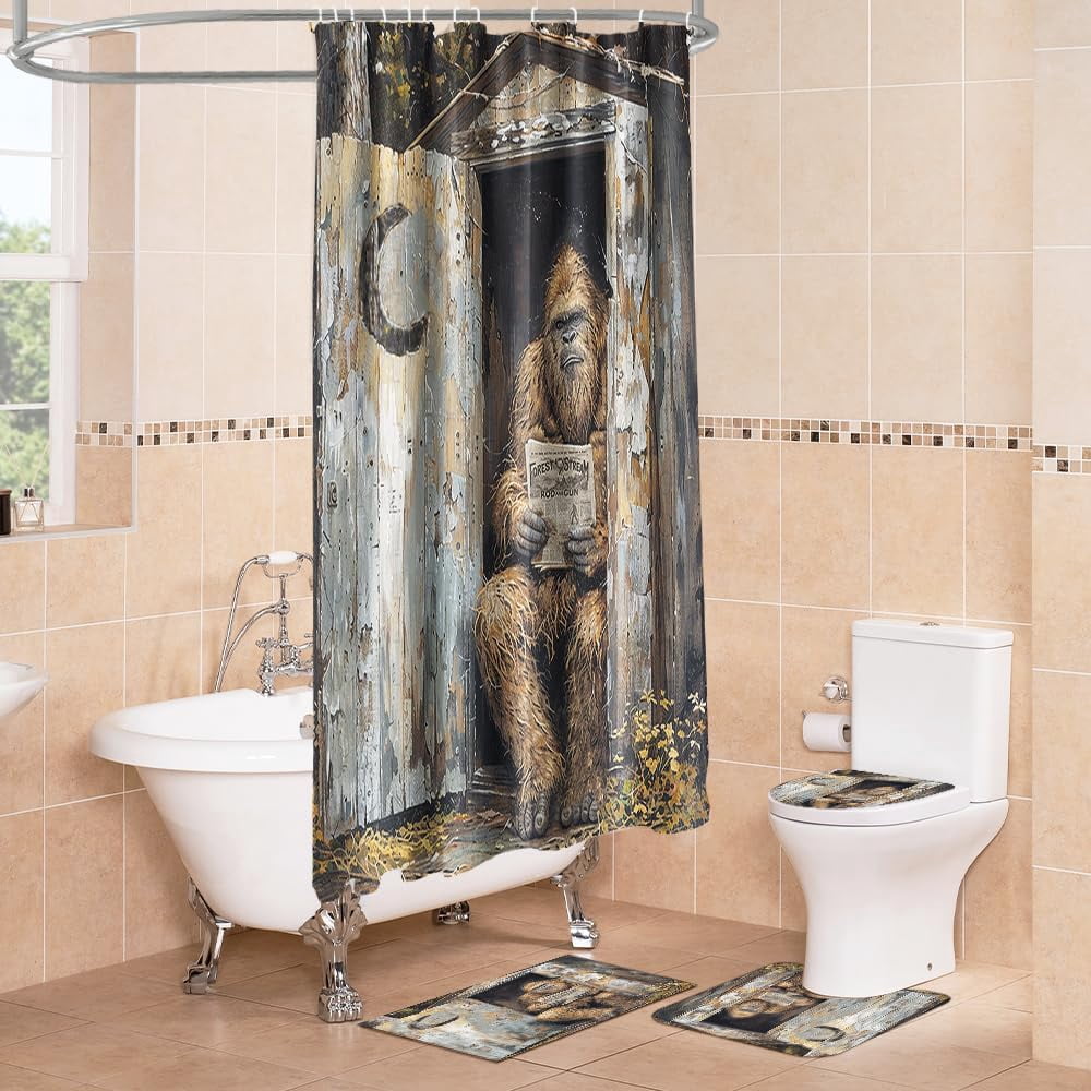 4PCS Vintage Bigfoot Sasquatch Shower Curtain Sets,Funny Animal Bathroom Sets with Non-Slip Rugs,Toilet Lid Cover,Bath Mat,Shower Curtain with 12 Hooks Farmhouse Bathroom Sets Decor