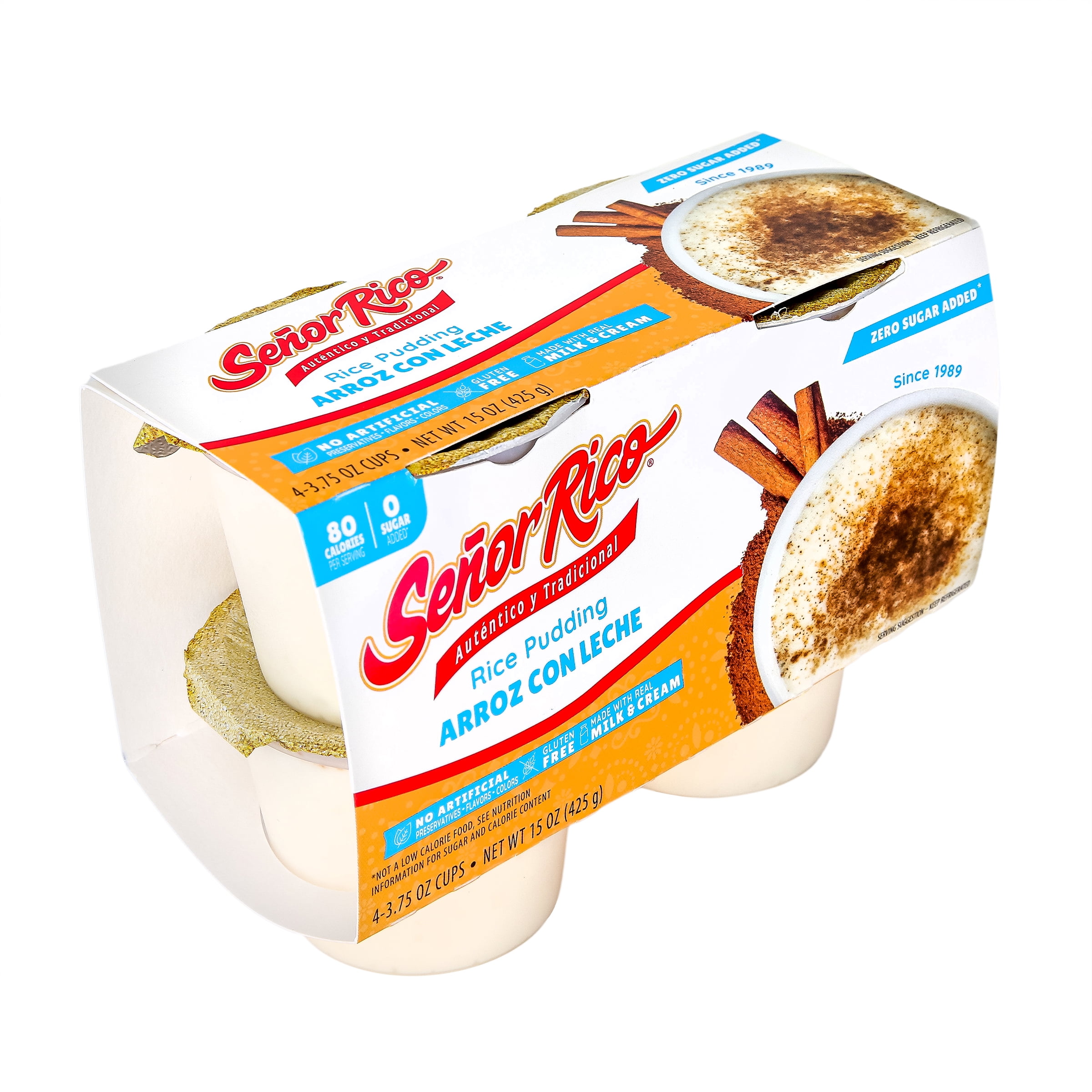 Senor Rico Zero Sugar Added Rice Pudding, 4 Count Plastic Cups, Refrigerated, Gluten-Free