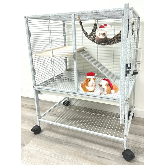 Deluxe Two Tiers Small Animal Critter Cage Tight 1/2-Inch Bar Spacing Water Bottle Food Bowl Feisty Ferret Hammock Chinchilla Rat Mice Squirrel Rabbit Sugar Glider Easy Clean Pull Out Grate Tray