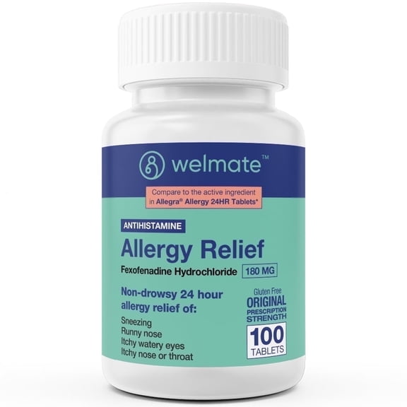 WELMATE Antihistamine Allergy Relief, Fexofenadine HCL 180mg 24HR Relief - 100 Tablets