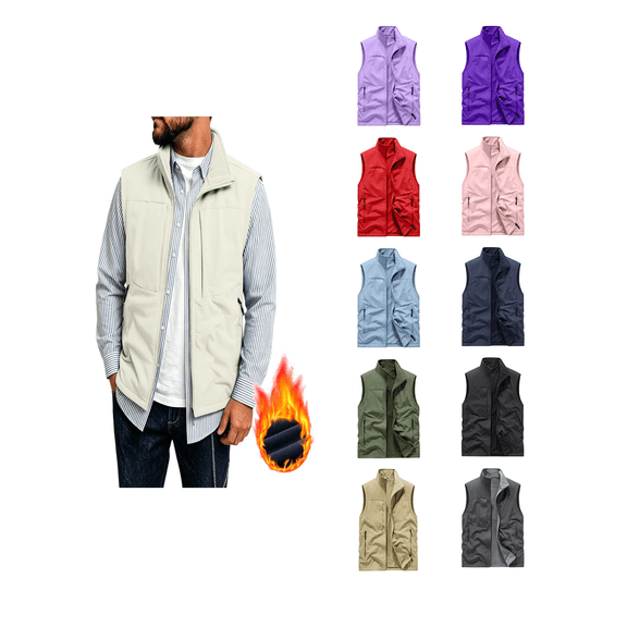 Zynoxe Men's Fleece Lined Vest Jacket with Side Pockets Comfort Lightweight Sleeveless Jacket for Men Classic Stand Collar Zip Up Thermal Jacket Oversized Solid Color Winter Casual Waistcoat M