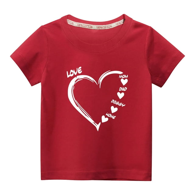 Penkiiy Haut à Manches Courtes Imprimé Cœur pour Enfants Garçons Filles, Couleur Unie, Col Rond, 5-6 Ans, Rouge