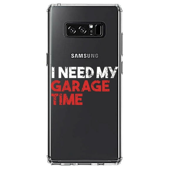 DistinctInk Clear Shockproof Hybrid Case for Samsung Galaxy Note 8 - TPU Bumper Acrylic Back Tempered Glass Screen Protector - I Need My Garage Time