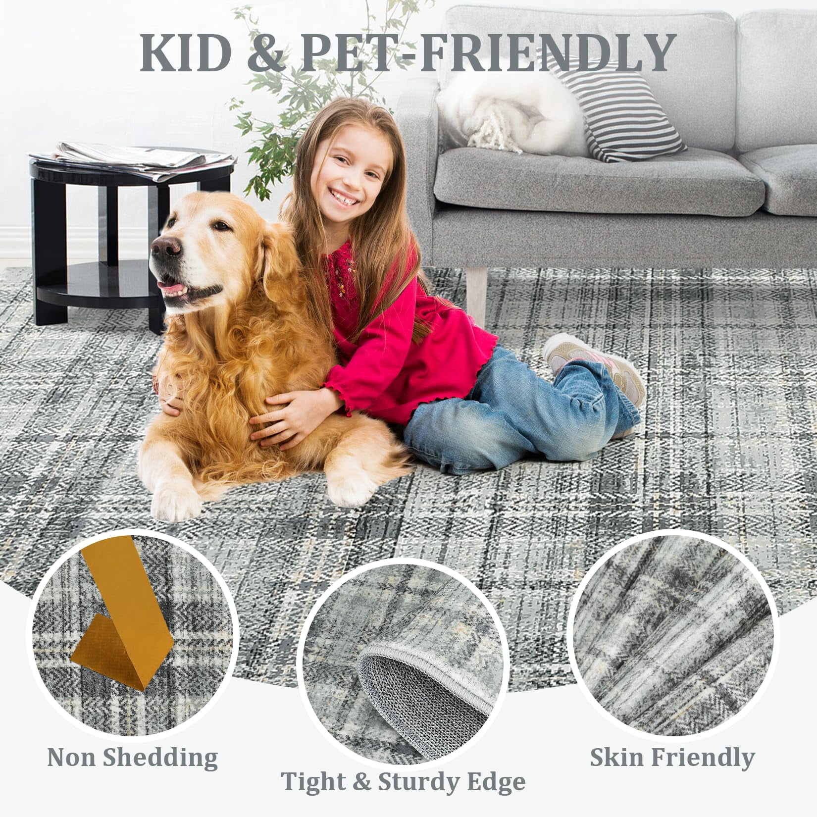 4'x6' Washable Tartan Plaid Area Rug, Non Slip Non Shedding Stain Resistant Soft Pearl Velvet Indoor Rug, Luxury Plaid Floor Mat for Living Room Bedroom Nursery Office, Green