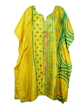Mogul Women Yellow Green Short Kaftan Printed Resort Wear Beach Cover Up Dress 3XL
