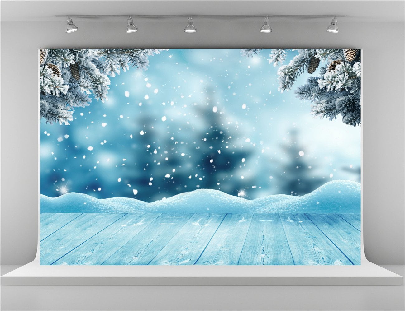 HelloDecor Polyester Fabric 7x5ft Winter Frozen Background for Photography Snowflake Backdrops Wood Floor Photo Backdrops 7x5ft