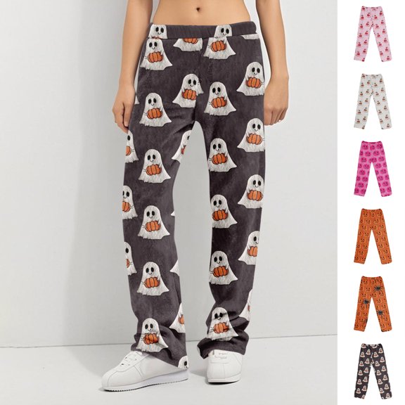 Trgacdwlo Halloween Women's Fleece Pajama Pants Funny Pumpkin Flannel Pj Pants for Women Fall Winter Thermal Lounge Pants Women