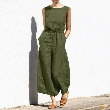 

Dasayo Green Womens One Piece Jumpsuit Jumpsuits for Women Sleeveless Pocket Solid Color Loose Straight Pants Fashion Romper Pants