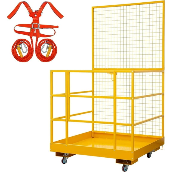 Forklift Safety Cage with Cover - 43x45 Inch OSHA Compliant Man Basket, 1400lb Capacity, Includes Safety Harness Anchor Points for Personnel Lifting