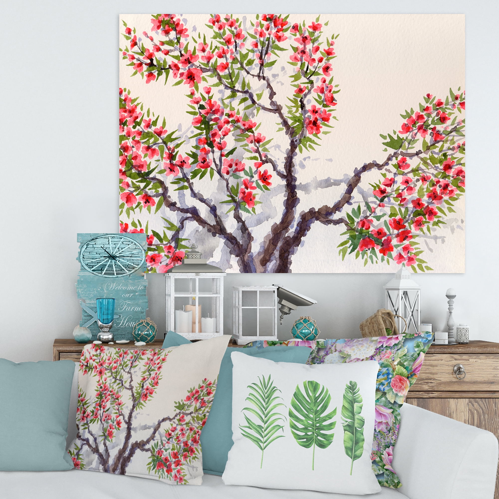 Designart ' Red Flowers On The Spring Blossoming Tree II ' Traditional Canvas Wall Art Print