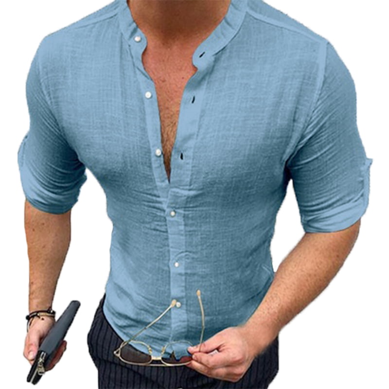 INCERUN Men's Long Sleeve Solid Color Button Linen Cotton Shirts ...