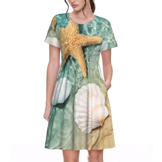 Easygdp Starfish And Seashell para Vestido Transpirable de Mujer, Vestido Suelto de Manga Corta con Pliegues y Bolsillos para el Verano